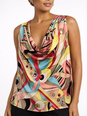 EMME 100% Silk Abstract Print Cowl Neck Blouse Size 18 Colorful Draped Top